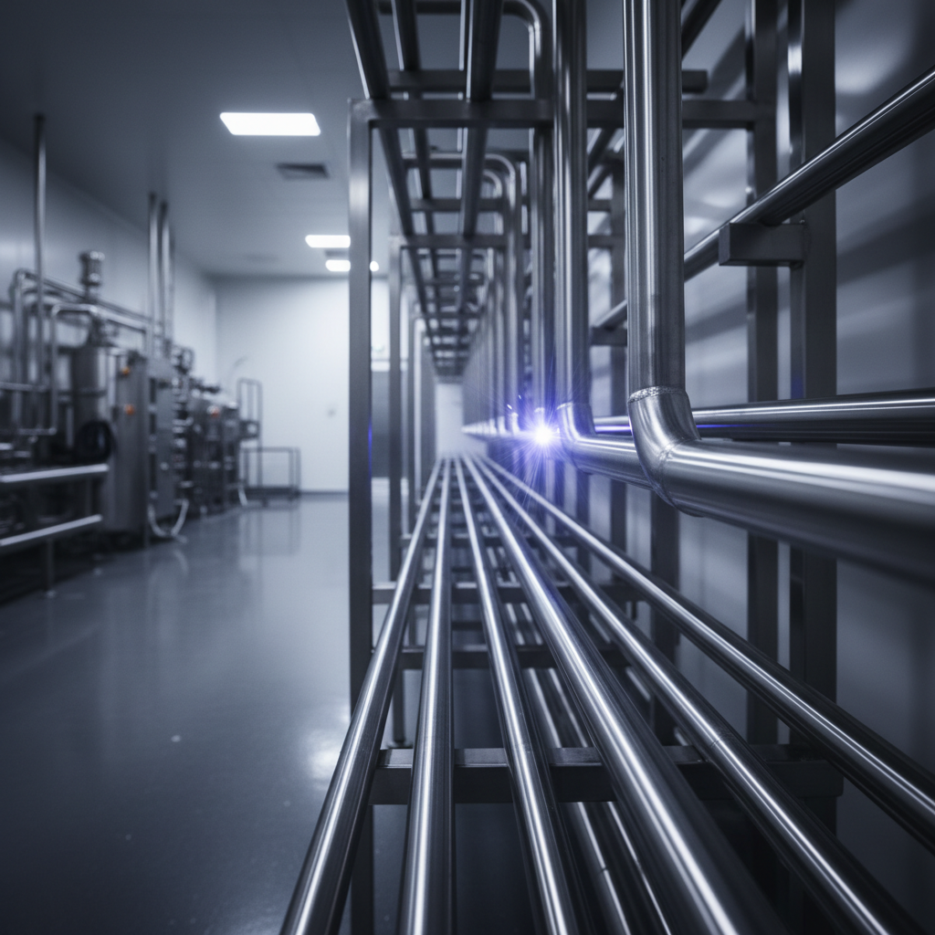 Sanitary stainless steel process tubing runs in a hygienic fabrication facility.
